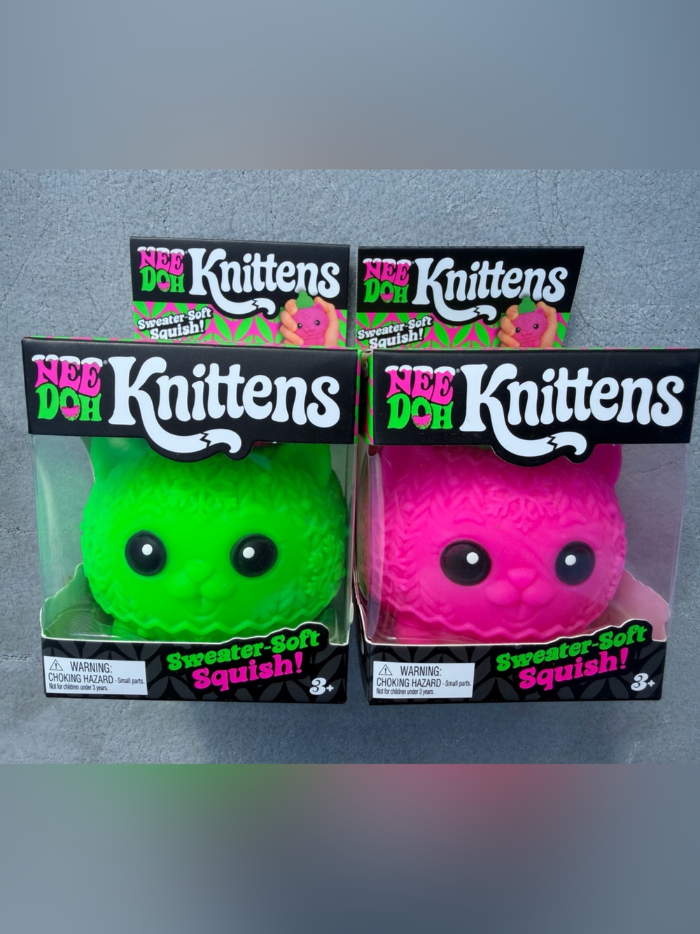 Hard to find Authentic Schylling NeeDoh Knittens! 2 Set of green and pink